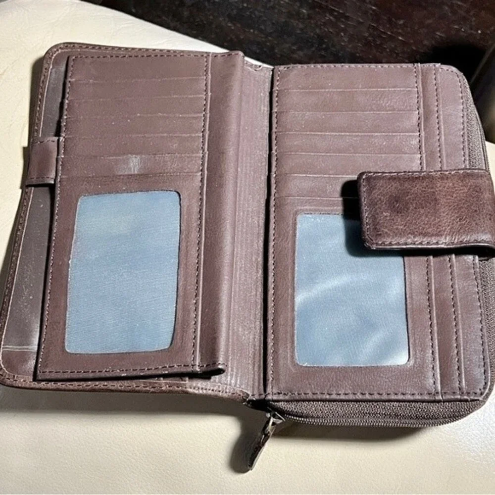 Vintage Brown Leather Wallet Hand Tooled Cut Outs Embellished Tons of slots!